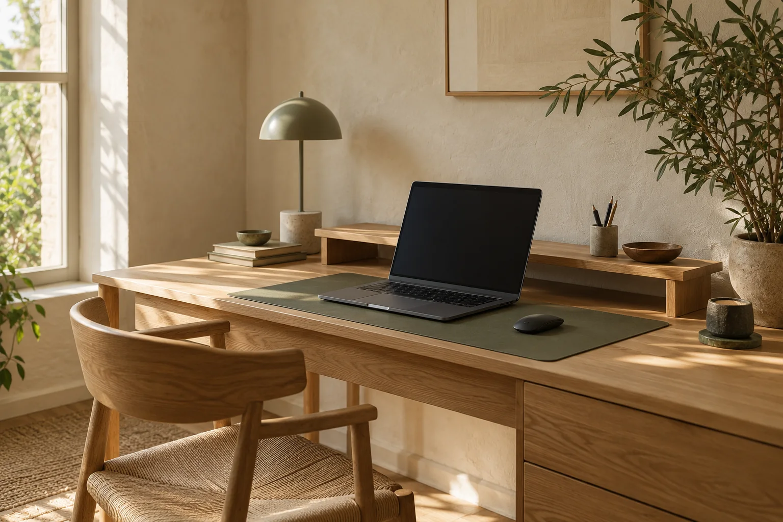 Un bureau en bois clair avec des accessoires coordonnés dans des tons naturels.