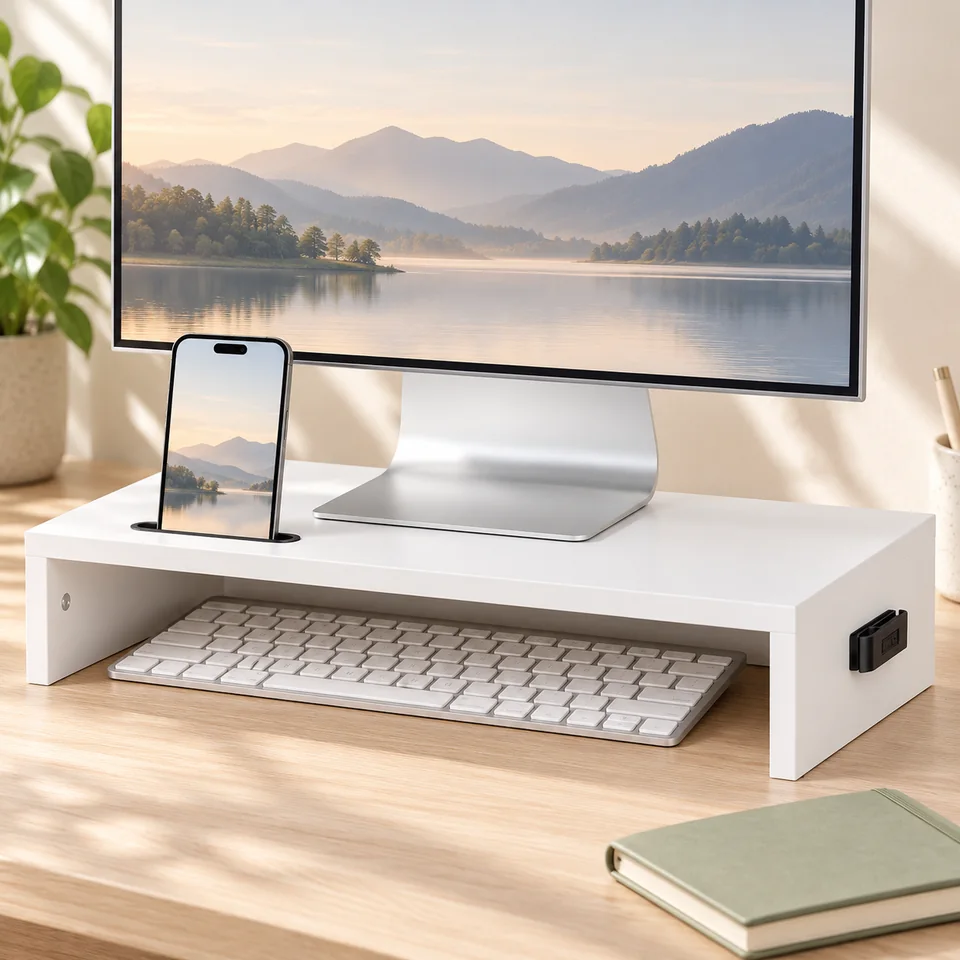 Mise en situation : Bontec — rehausseur blanc à rangement ouvert.