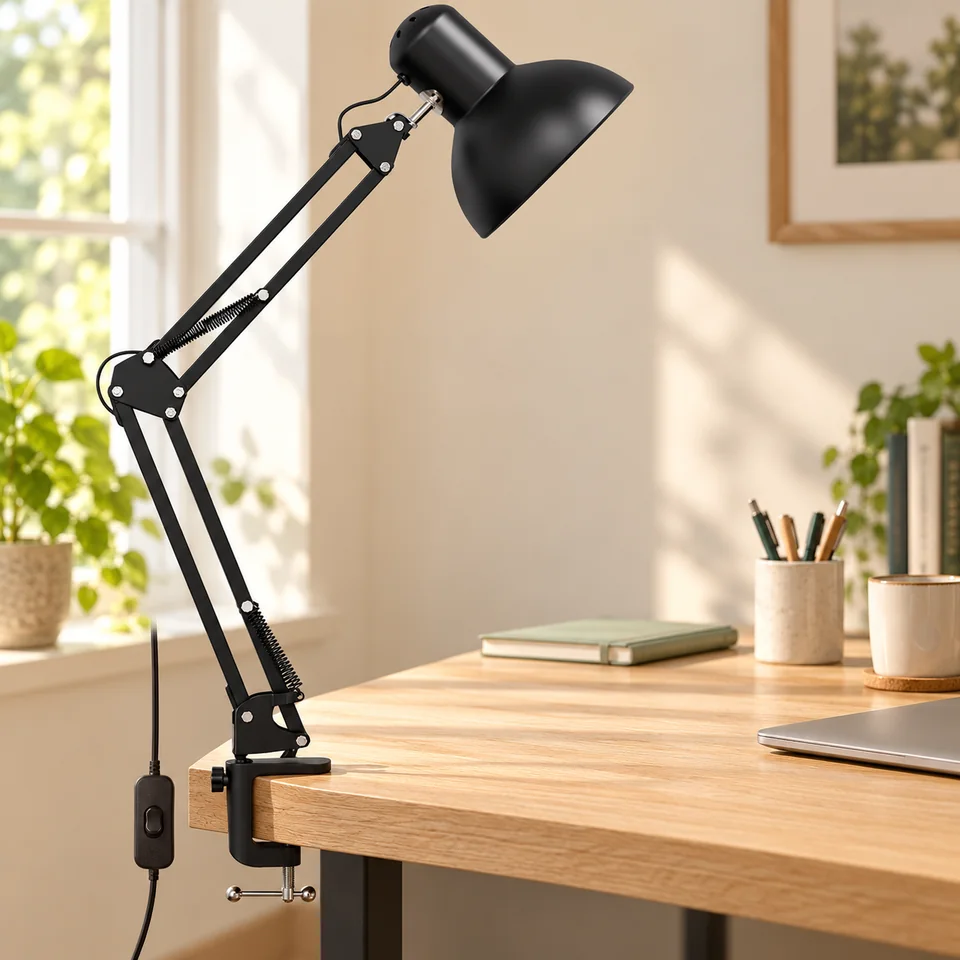 Mise en situation : Lepro — lampe articulée noire E27 à pince.