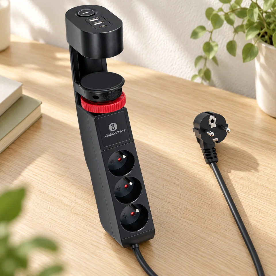 Mise en situation : Aigostar — multiprise de bureau trois prises et USB.