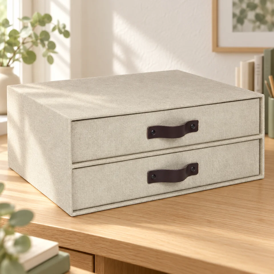 Mise en situation : Bigso — boîte beige à deux tiroirs pour documents.