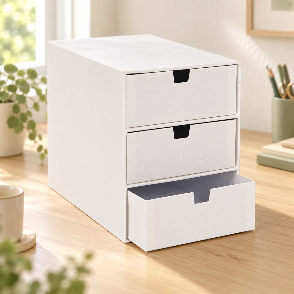 Mise en situation : Bigso — petit module blanc de rangement à trois tiroirs.