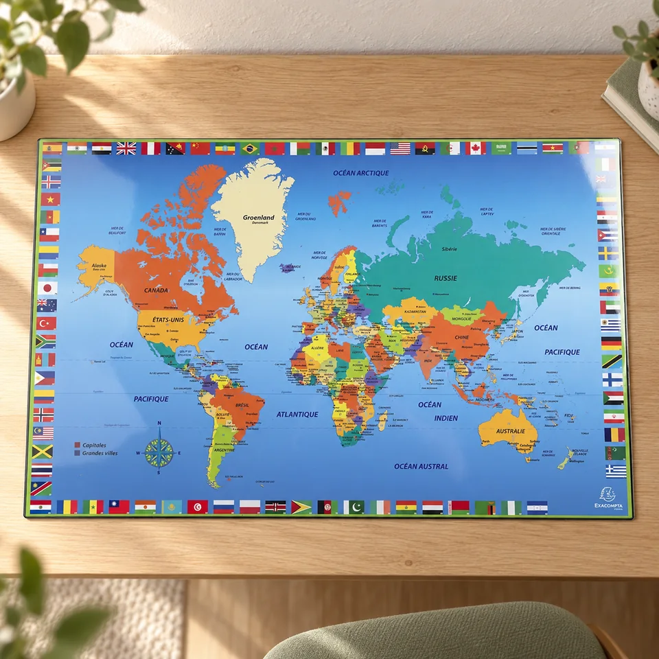 Mise en situation : Exacompta 29790E — sous-main rigide carte du monde.