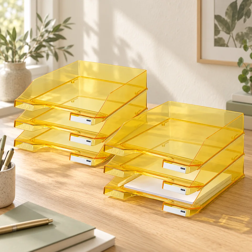 Mise en situation : HAN — six corbeilles KLASSIK jaune transparent.