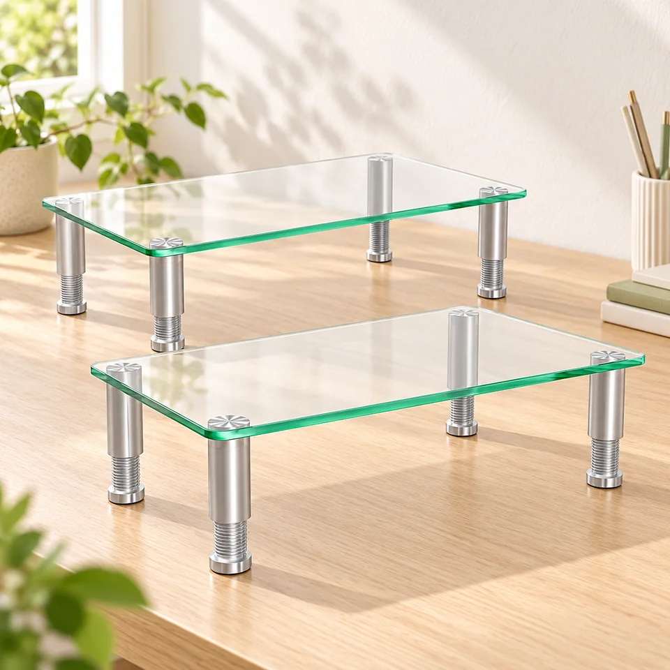 Mise en situation : Hemudu — deux rehausseurs en verre inclinables.