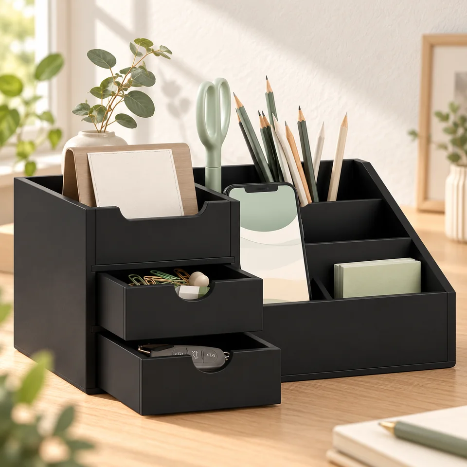 Mise en situation : HOMCOM — rangement noir en bambou avec deux tiroirs.