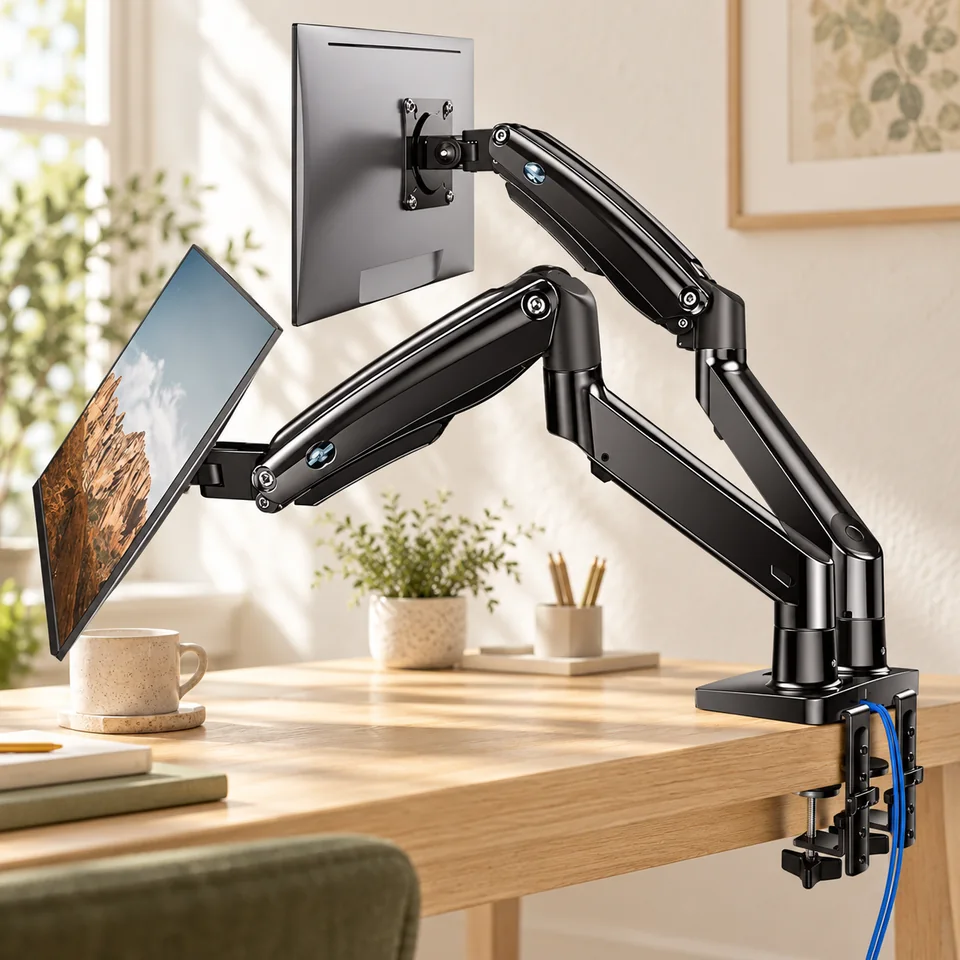 Mise en situation : HUANUO HNDS7 — bras double écran avec USB.