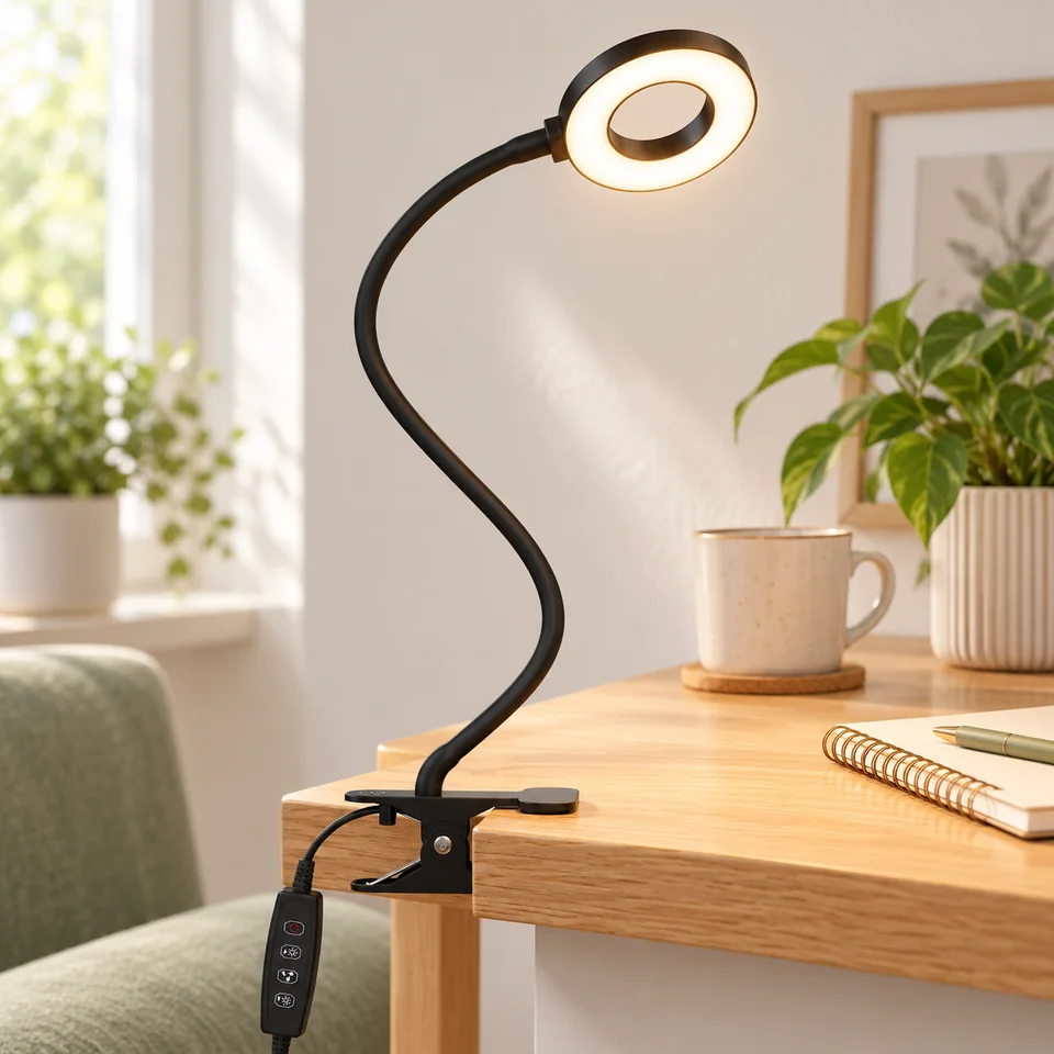 Mise en situation : iZELL — lampe noire à pince et col flexible de 40 cm.