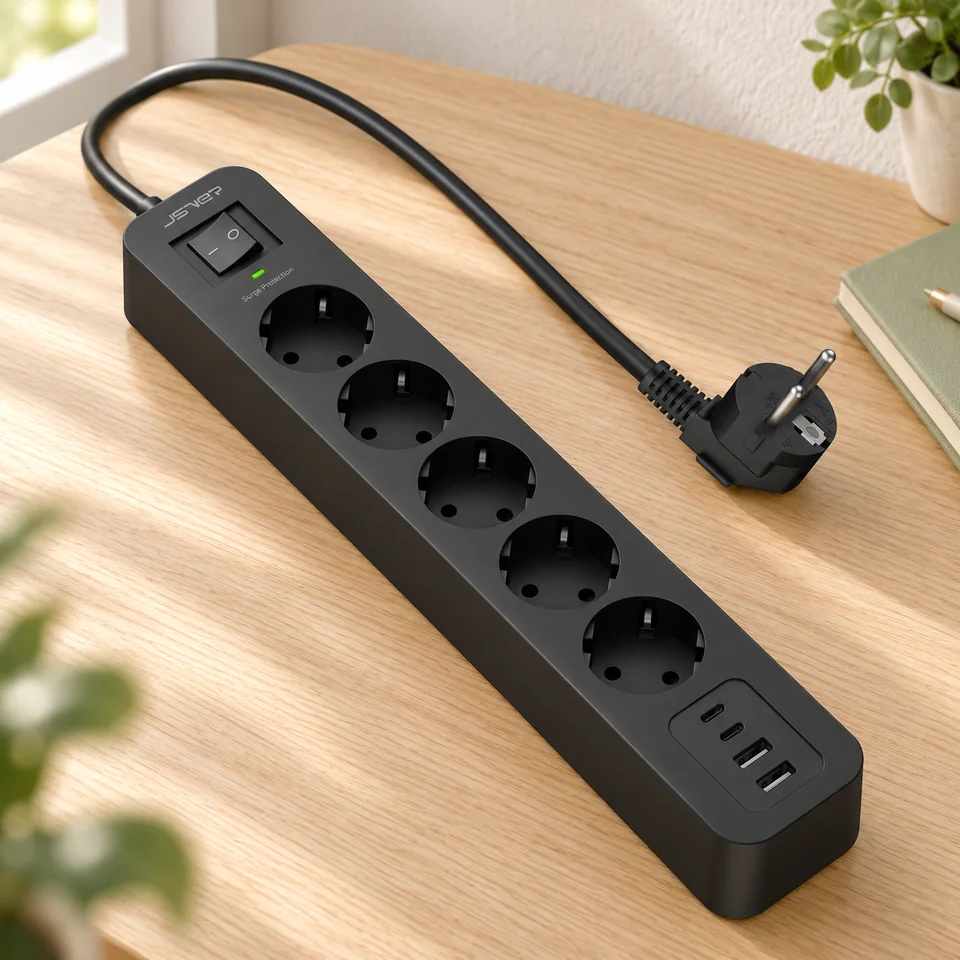 Mise en situation : JSVER — multiprise noire cinq prises et quatre ports USB.