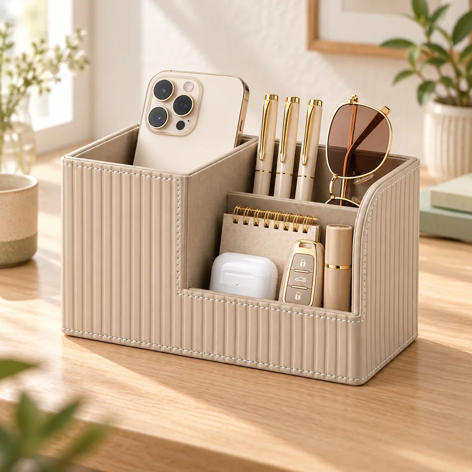 Mise en situation : KINGFOM — porte-stylos beige à trois compartiments.
