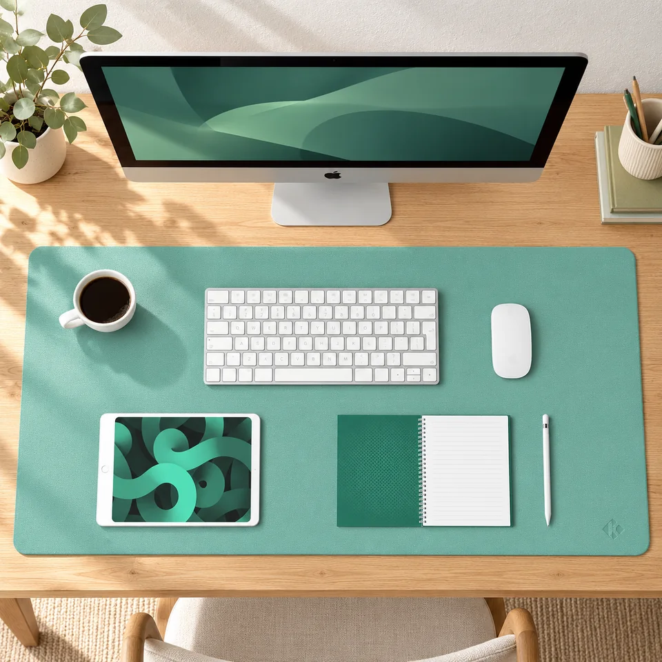 Mise en situation : K KNODEL — sous-main double face vert 80 × 40 cm.