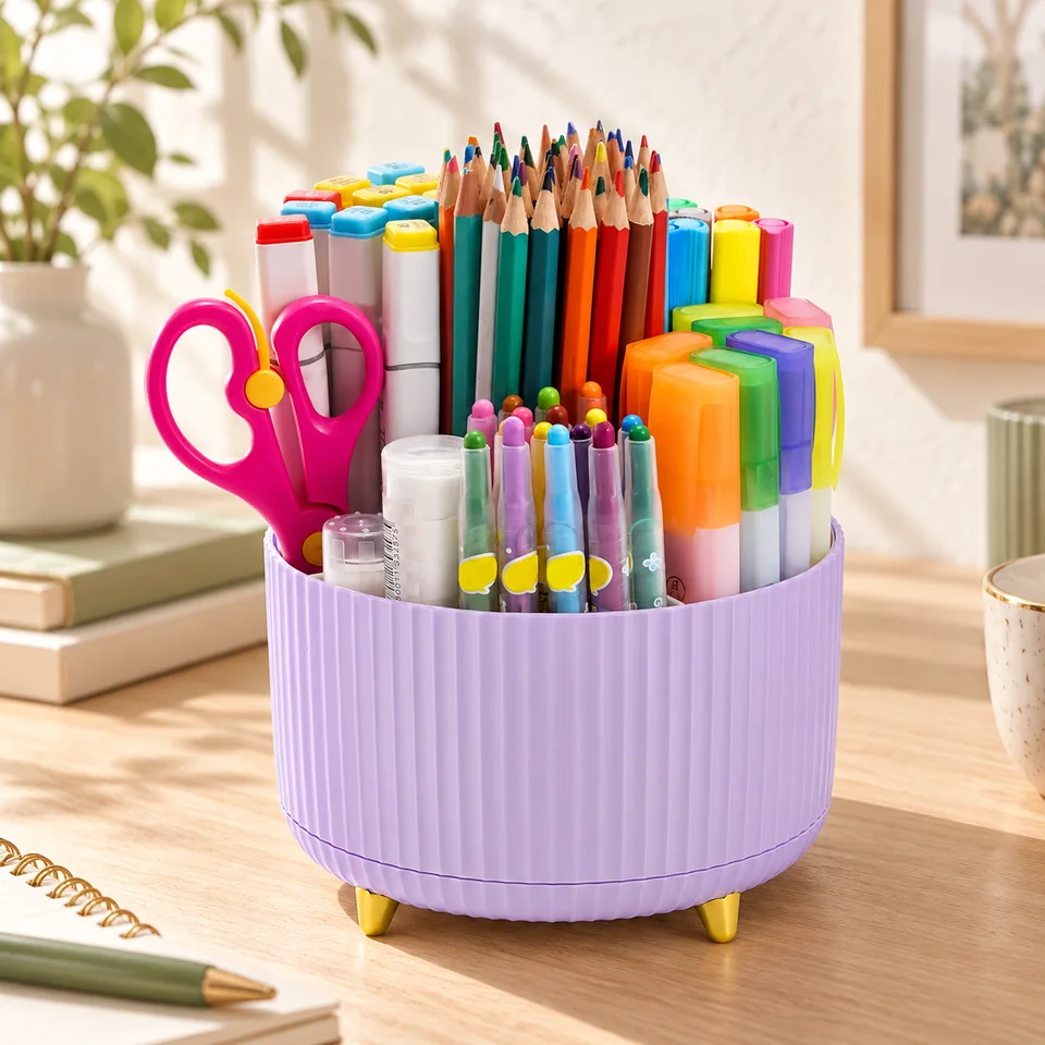 Mise en situation : Marbrasse — organiseur rotatif violet à cinq compartiments.