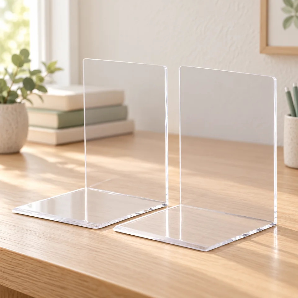 Mise en situation : MAUL — paire de serre-livres transparents en acrylique.
