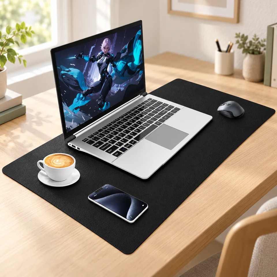 Mise en situation : Niviy — sous-main noir en PU 80 × 40 cm.