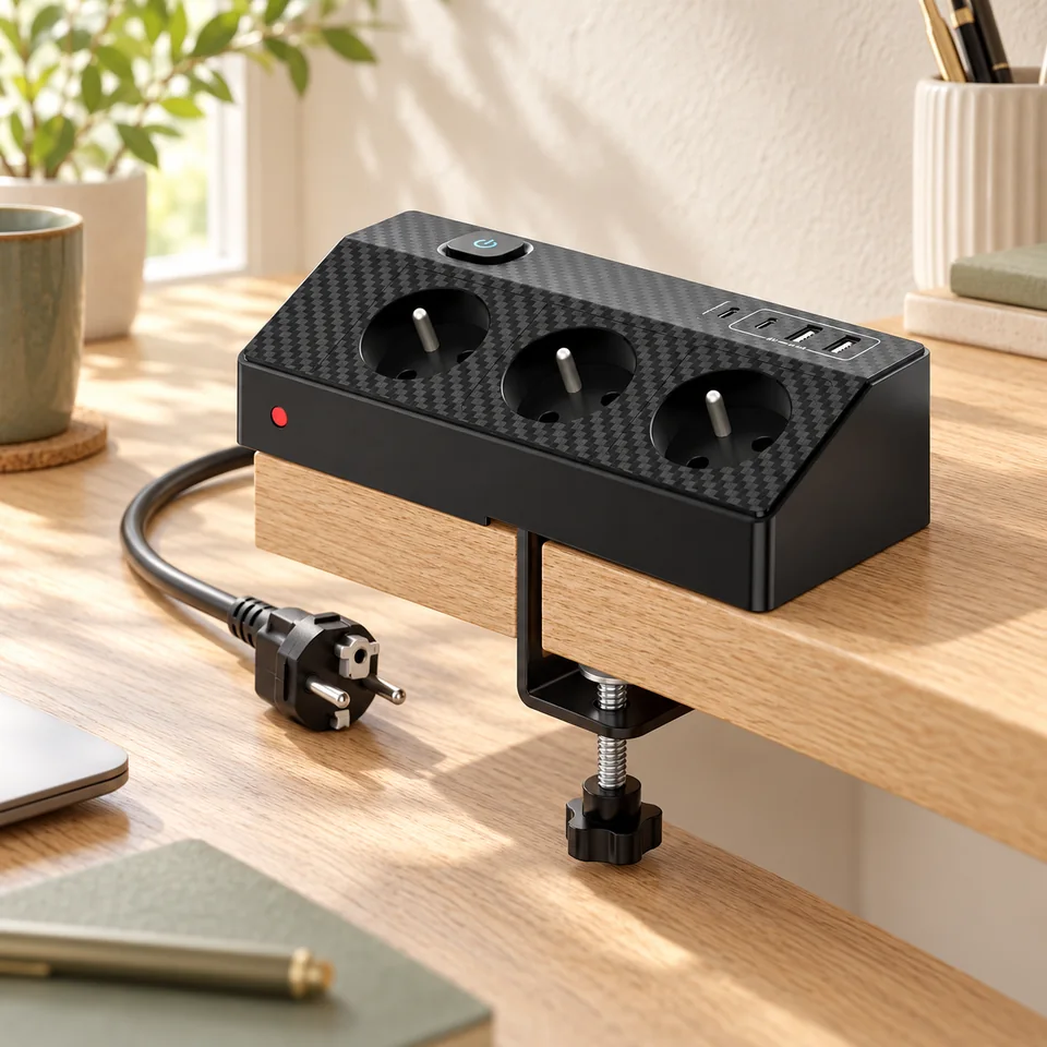 Mise en situation : PASSUS — multiprise de bureau à pince, trois prises et quatre USB.