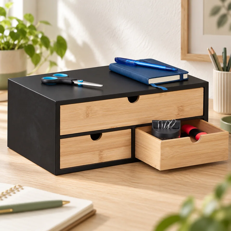 Mise en situation : Relaxdays — rangement bambou et noir à trois tiroirs.