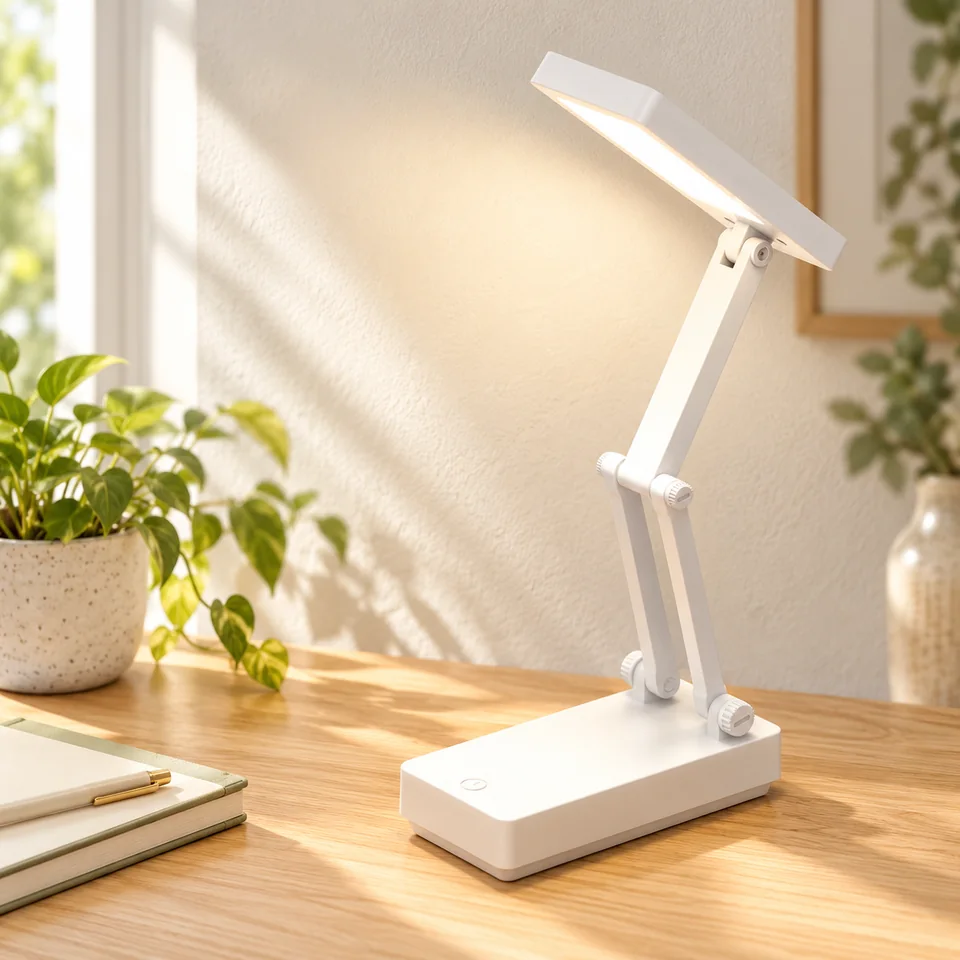 Mise en situation : Suright — lampe blanche pliable rechargeable.