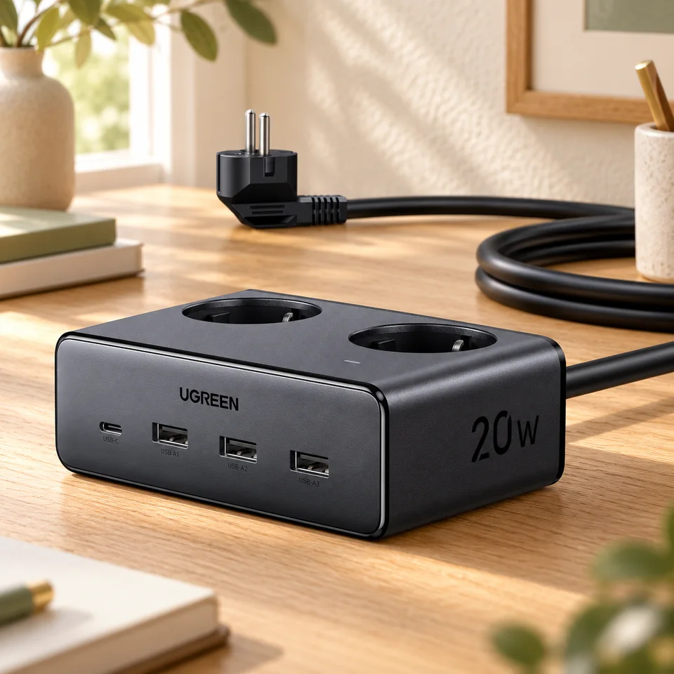 Mise en situation : UGREEN — multiprise compacte deux prises et quatre USB.