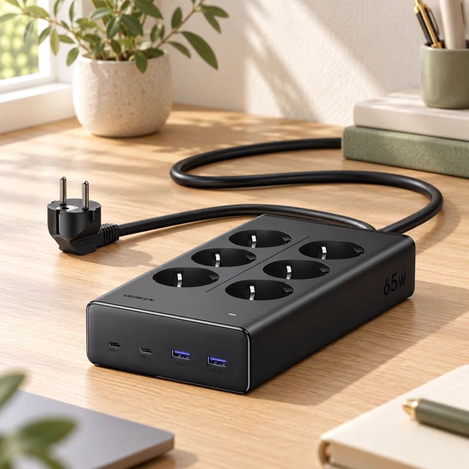 Mise en situation : UGREEN S652 — multiprise six prises avec USB-C PD 65 W.