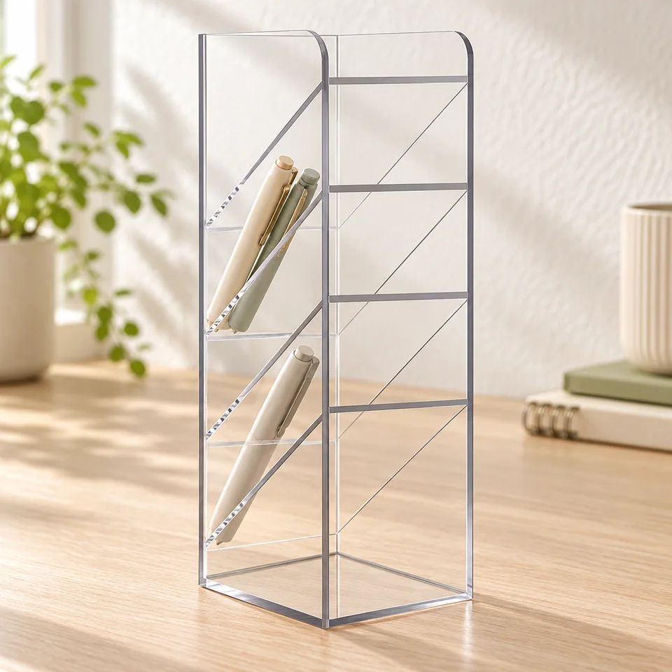 Mise en situation : Uquelic — porte-stylos transparent incliné à cinq cases.