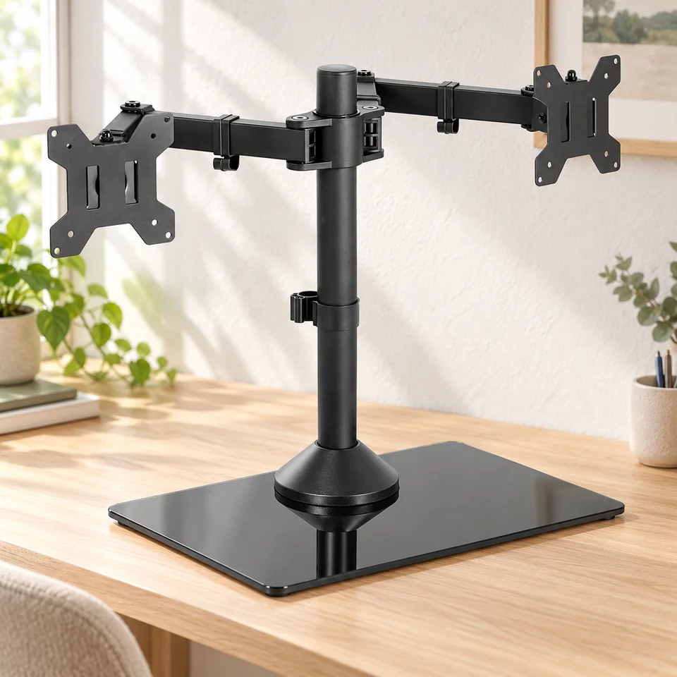 Mise en situation : VIVO STAND-V002FG — double écran sur base en verre.