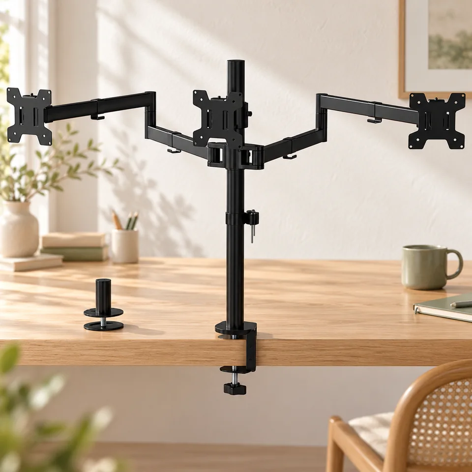 Mise en situation : WALI M003S — support horizontal pour trois écrans.