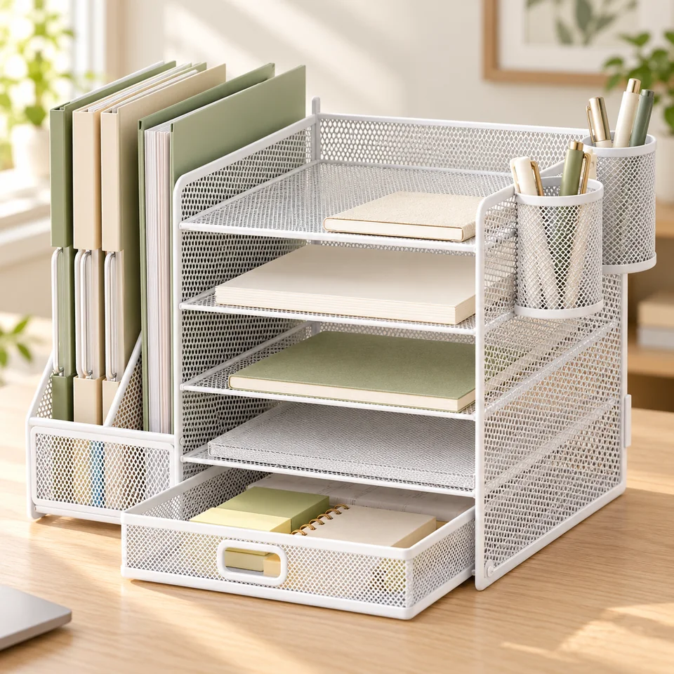 Mise en situation : Marbrasse — organiseur blanc cinq niveaux.