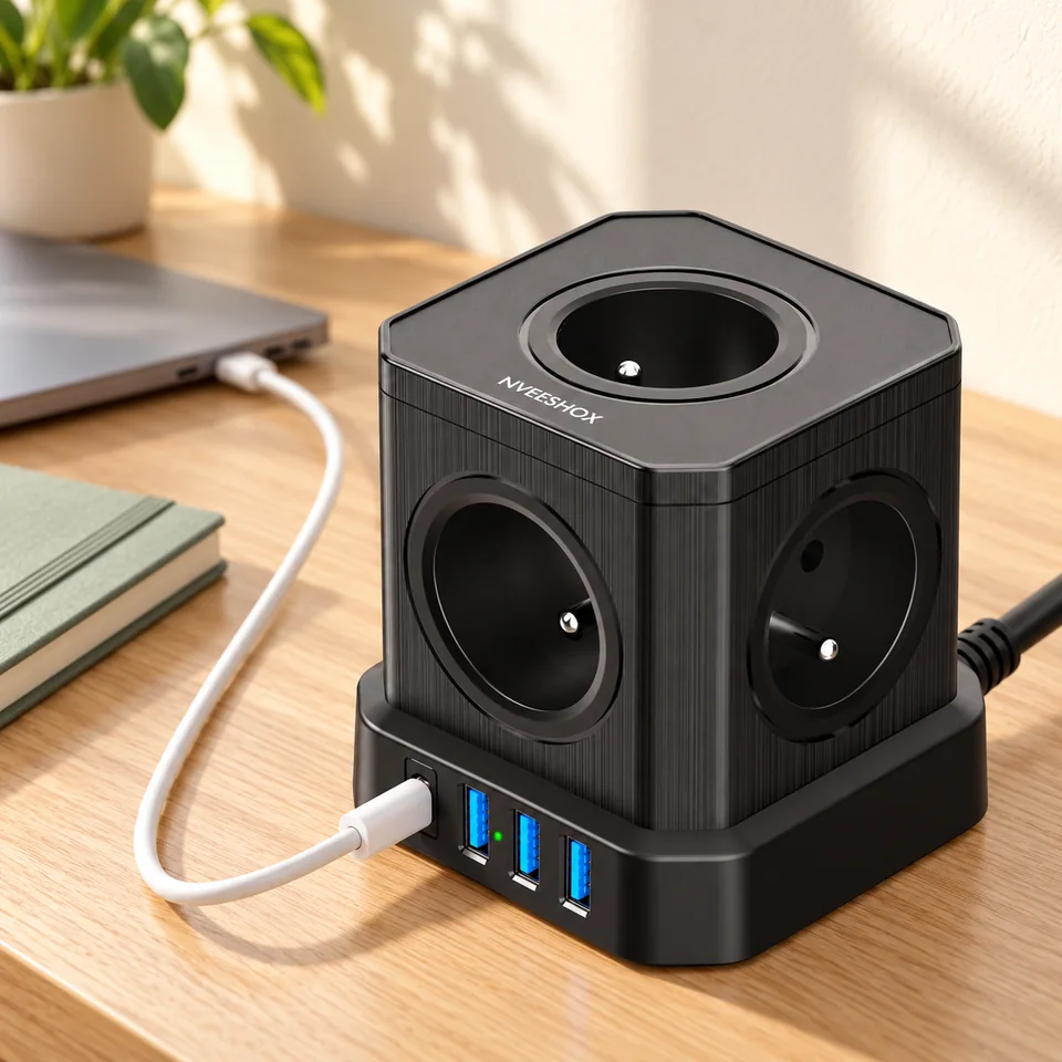 Mise en situation : Nveeshox — cube noir cinq prises et USB-C.