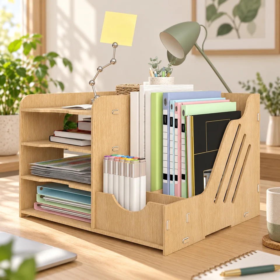 Mise en situation : Puncia — rangement multifonction bois naturel.